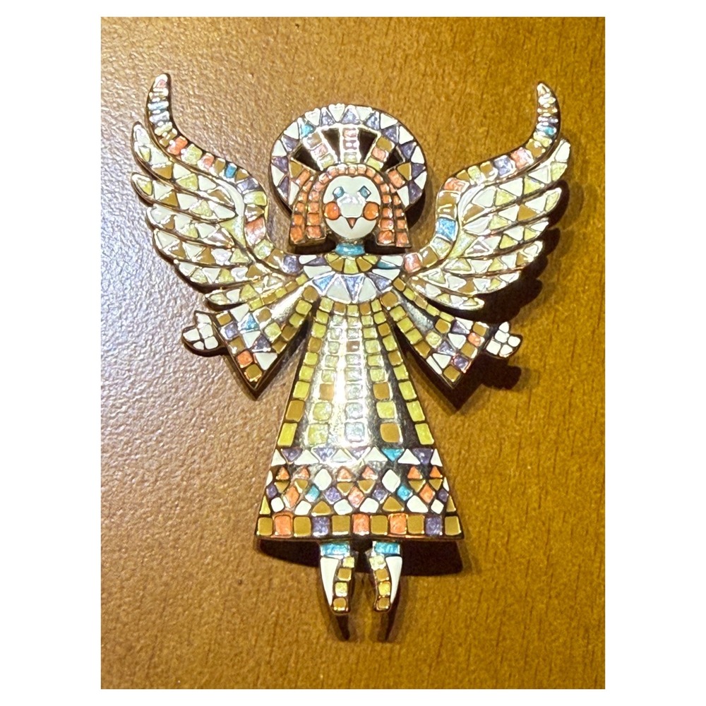 Bob Mackie Christmas Angel Brooch Mosaic Enamel Gold Tone Vintage Style Pin